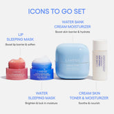 Icons to Go Set: Cream Skin, Water Bank Cream, Lip Sleeping Mask, Water Sleeping Mask, Travel Size, Full Size, Hydrate, Barrier-Boosting