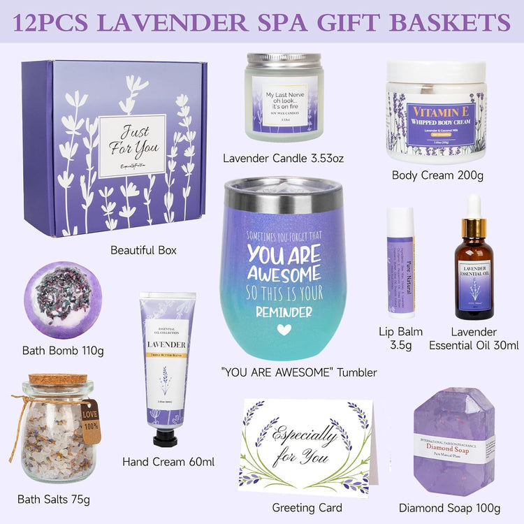 Lavender Gifts for Women - Care Package Relaxing Gifts - Lavender Spa Gifts Set, Self Care Gift for Women, Gift Baskets for Women Her Friend Sister Mom Wife, Christmas Lavender Gift Basket Ideas